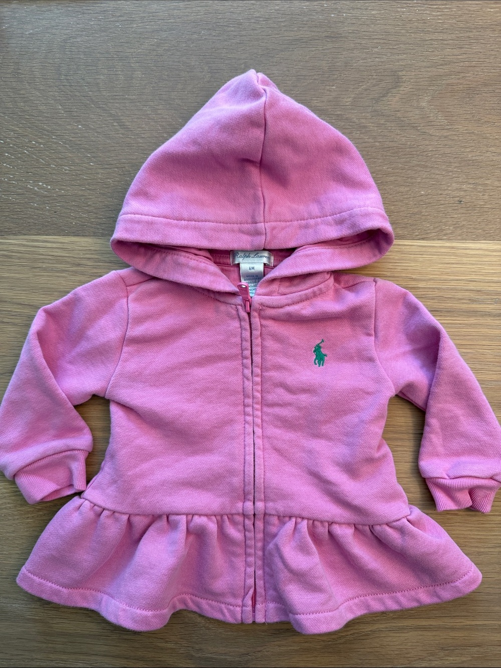 Ralph Lauren Baby Pink Hooded Peplum Zip-Up Sweatshirt with Green Pony